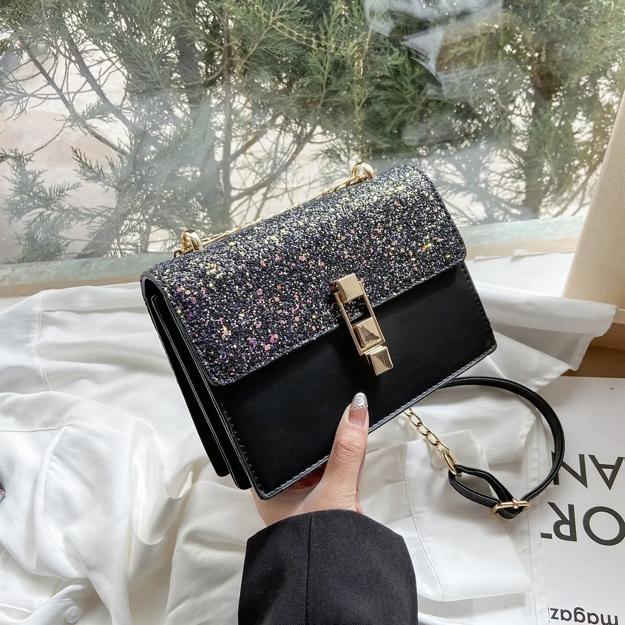 

Crossbody New Women 2020 Chain Shoulder Bag Female Fashion Sequin Flap Handbag High Quality PU Leather Messenger Bag Black55z
