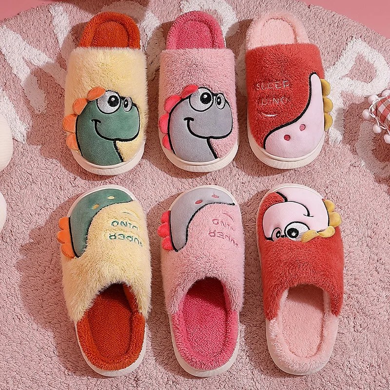 Women Men Cotton Slippers Warm Indoor Cartoon Dinosaur Fuzzy Slides Plush EVA Thick Home Flat Platform Outdoor Anti-slip Shoes images - 6