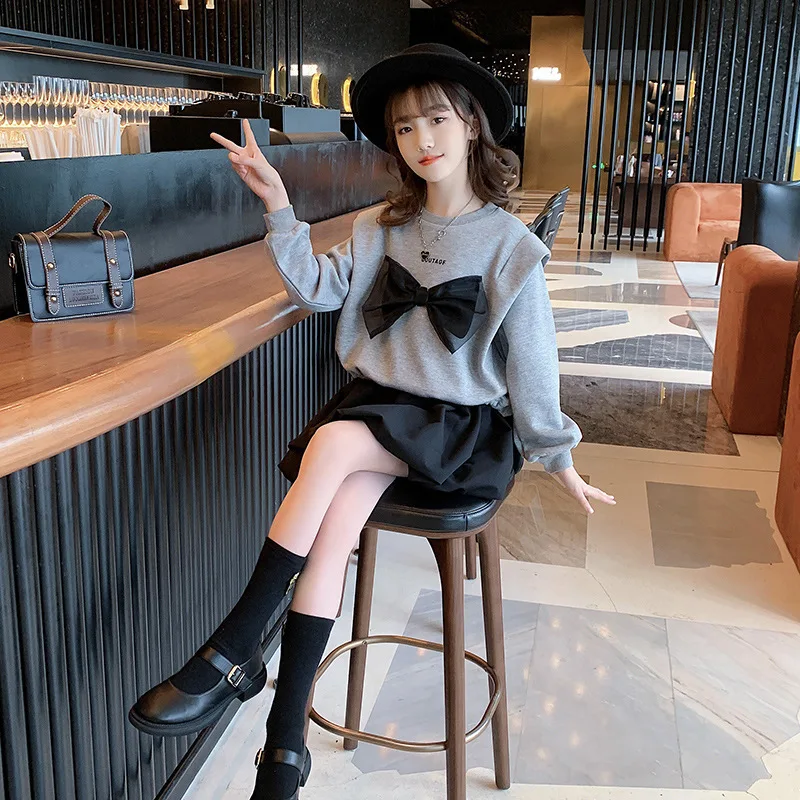 

Kids Spring Autumn Clothing Suit For Girls Bow Sweatshirt + short Skirt 2PCS Outfits Teen Children Fashion Clothes Girls Party