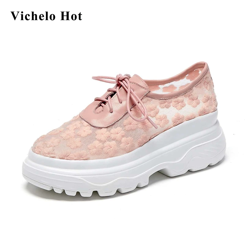 Кроссовки Vichelo женские из натуральной кожи, на толстой платформе, с круглым носком, с вышивкой, повседневная обувь с вулканизированной подош...