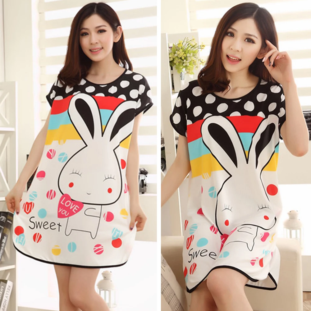 Женская хлопковая ночная рубашка летняя с коротким рукавом милым принтом