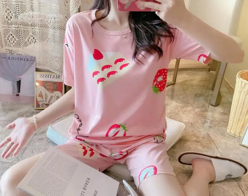 

Fashion Women Loose Round Neck Short Sleeve Shorts Cartoon Print Pajamas Set 2/pce Set