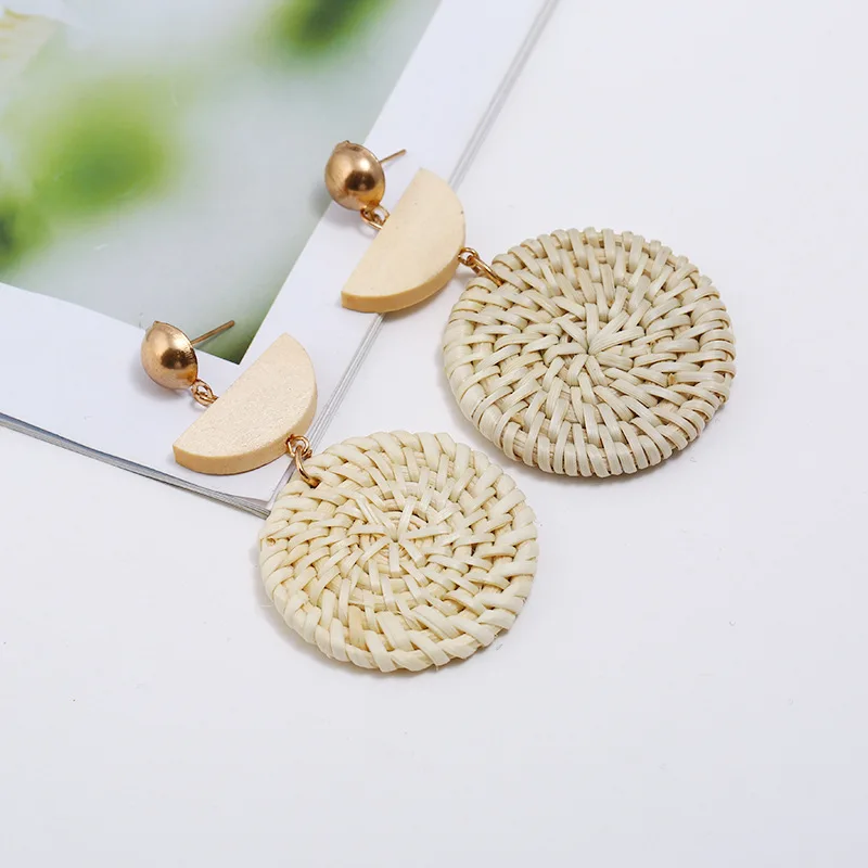 

SNCSDK European and American environmental protection handmade diy wooden rattan Women's Stud earrings creative straw earrings