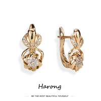 harong aesthetic women earrings flower crystal copper metal gold stud earrings for woman wedding anniversary jewelry gift