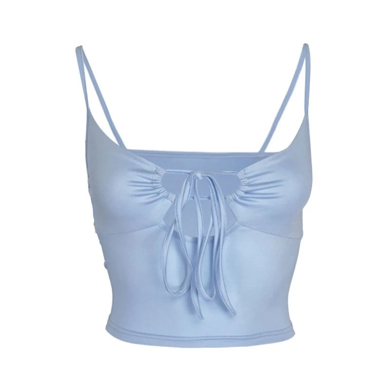 

Women Spaghetti Strap Hollow Out Crop Top Sexy V-Neck Backless Lace-Up Front Slim Camisole Solid Color Casual Sling Vest