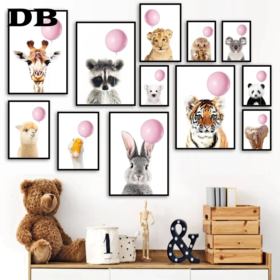 

Balloon Rabbit Elephant Giraffe Lion Tiger Nursery Wall Art Print Canvas Painting Nordic Poster Wall Pictures Baby Room Decor