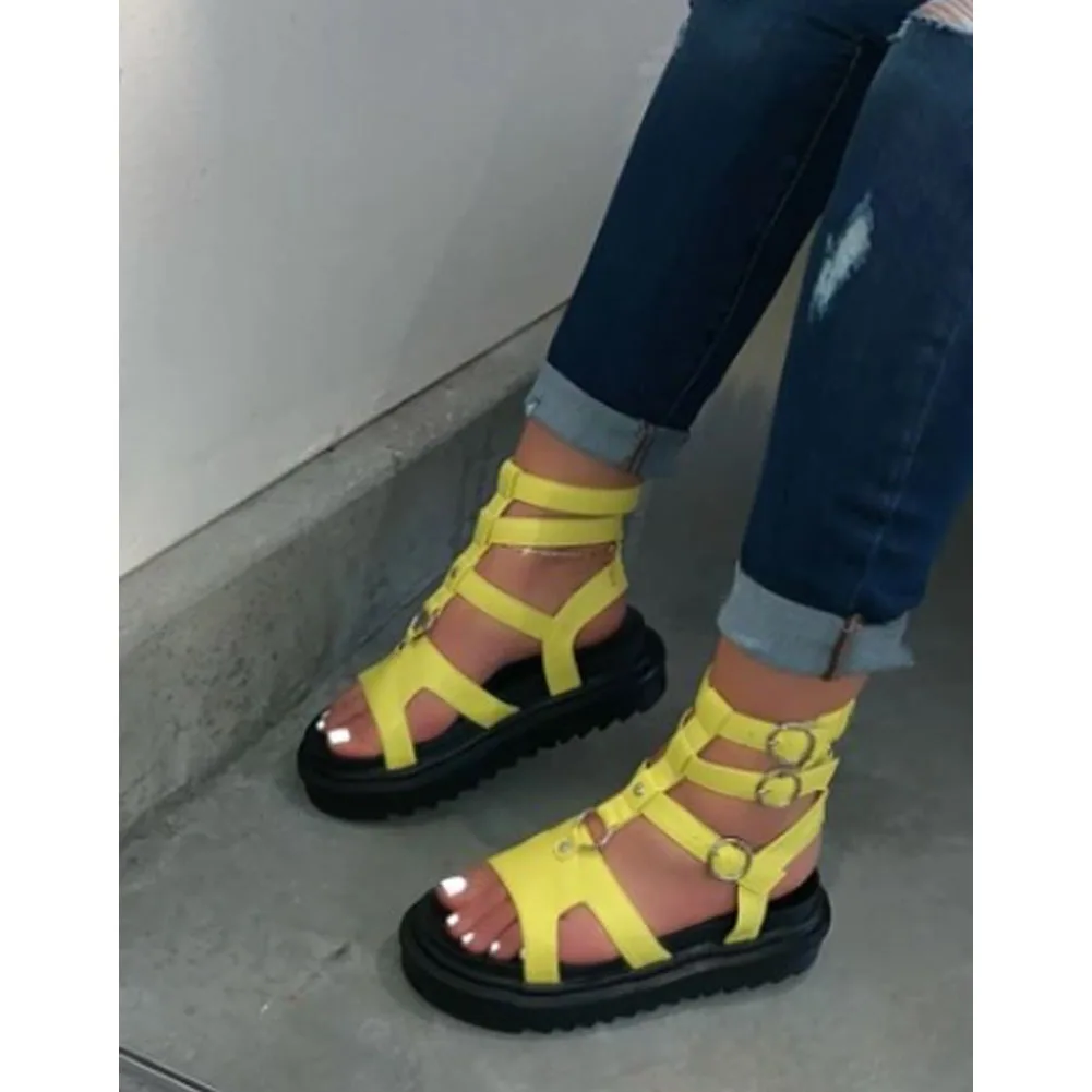 

RIBETRINI Retro Wholesale Lady Solid Open Toe Sandals Buckle Strap Flat Sandals Women Gladiator Platform Fashion Shoes Woman