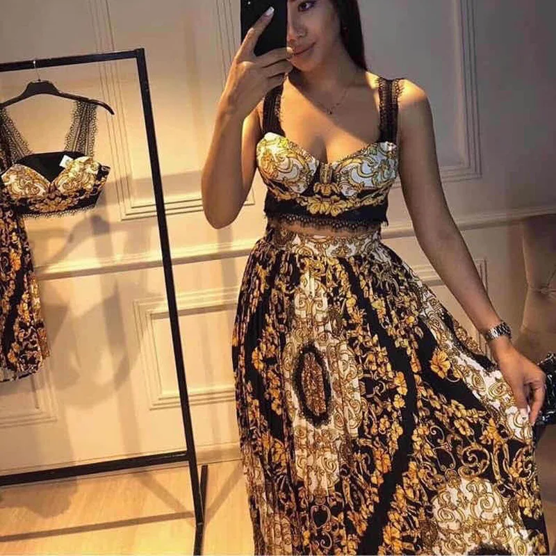 

[DEAT] new summer fashion women printed vintage styles two pieces set vacation clothing lace patchwork bra and pleated skirt