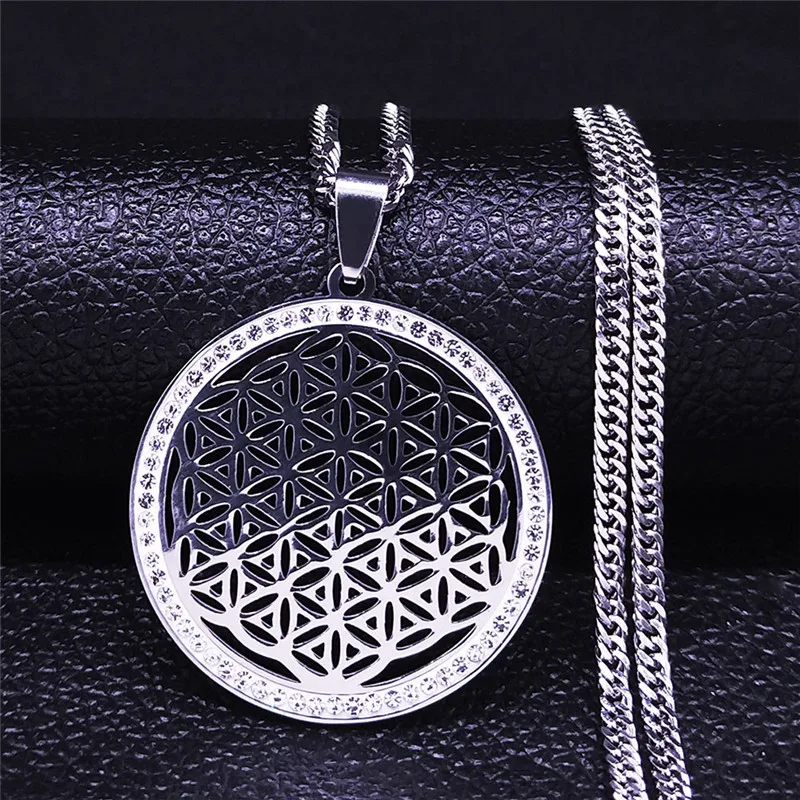 

Buddhism Yoga Flower of Life Stainless Steel Crystal Chain Necklaces Silver Color Necklaces Women/Men Jewelry chaine NXS05