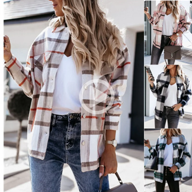 

Autumn Winter Long Sleeve Loose Check Shirt Jacket Women's Long Sleeve Lapel Printed Single Breasted Shirt Jacket Commuter Check