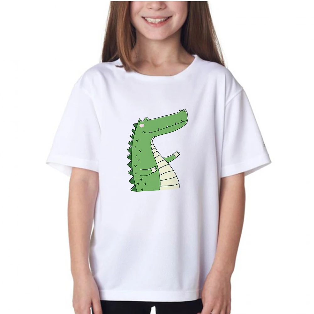 

Cartoon Crocodile Printing Girls Clothes Cute Style Children T-shirt White Fashion Kids White Tops Summer Cozy Soft Breathable