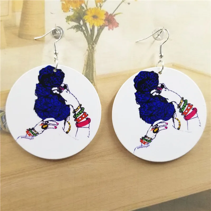 Серьги женские круглые из натурального дерева с изображением цветов 1 пара -