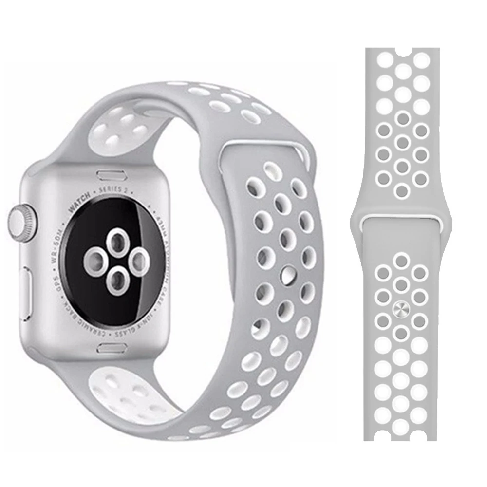 Grey and white Ремешок для Apple Watch, мягкий силиконовый сменный Браслет серии 5, 4, ремешок для часов 44 мм, 40 мм, iwatch, ремешок серии 1, 2, 3, 38 мм, 42 мм - Цвет ремешка: Grey and white
