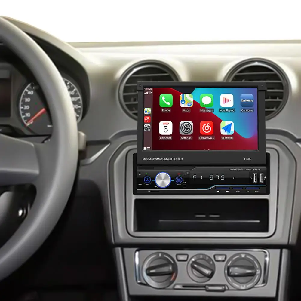 Retractable MP5 Player 1 DIN Apple CarPlay Car Stereo AM/FM Radio Bluetooth GPS Navigation Touchscreen Multimedia | Автомобили и