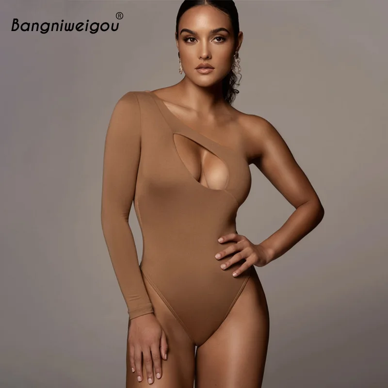 

Bangniweigou Slash Neck Cut Out One Shoulder Long Sleeve Sexy Bodysuit One Piece Top Women Fall Winter Solid Outfit Body Suit
