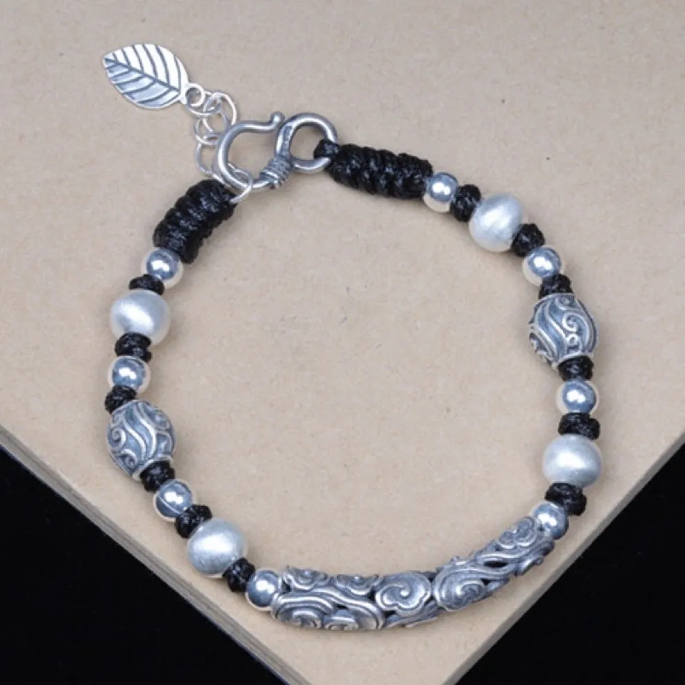 

BOCAI new real S999 pure silver auspicious cloud elbow bracelet female vintage frosted silver beads hand-woven woman bracelet