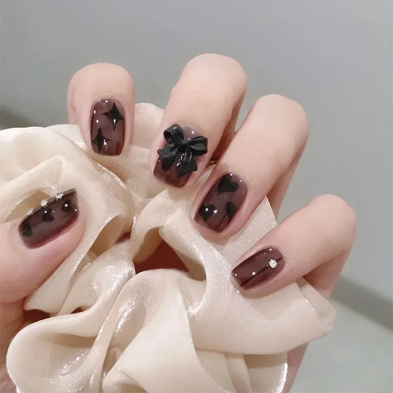 

Полное покрытие, Короткие накладные ногти, любовь, сердце, печатный бант, ногти, Стикеры для ногтей с клеем