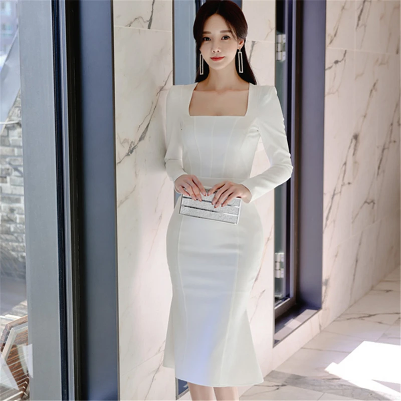 

New Runway Women High Quality Square Collar Long Sleeve Dress Office Lady Fashion Solid Color Slim Bodycon Dress 2021 Spring