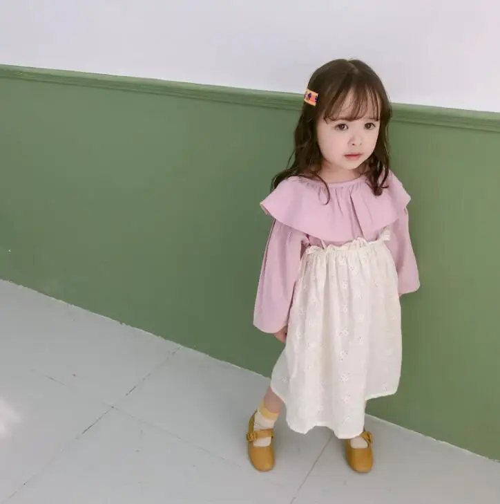 pink clothes set Весна-осень, милые детские однотонные рубашки из чистого хлопка с воротником в виде листьев лотоса, свободные блузки для маленьких девочек - Цвет: pink clothes set