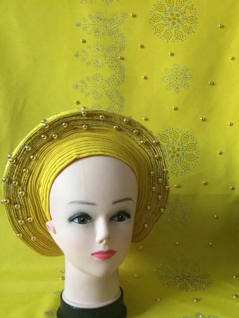 

Новый головной убор с бусинами/камнями Aso Oke, желтый Африканский головной убор Aso Oke/шаль из нигерии для нигерийских африканских женщин для свадебной вечеринки