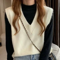white vest women solid short loose trendy korean style sleeveless knitted v neck all match female coats simple leisure outwear