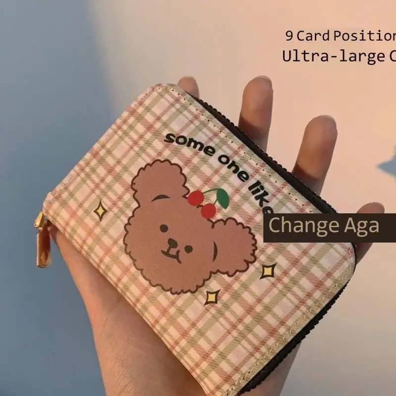 

Change To 2021 New Women's Soft Girl Style Cute Bear Lattice Leather Wallet Card Bag Anti Degaussing Zero Wallet