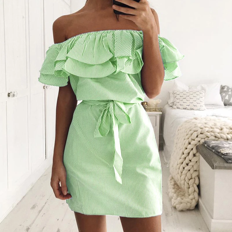 

Off Shoulder Strapless Striped Ruffles Dress Women 2020 Summer Sundresses Beach Casual Shirt Short Mini Party Dresses Robe Femme