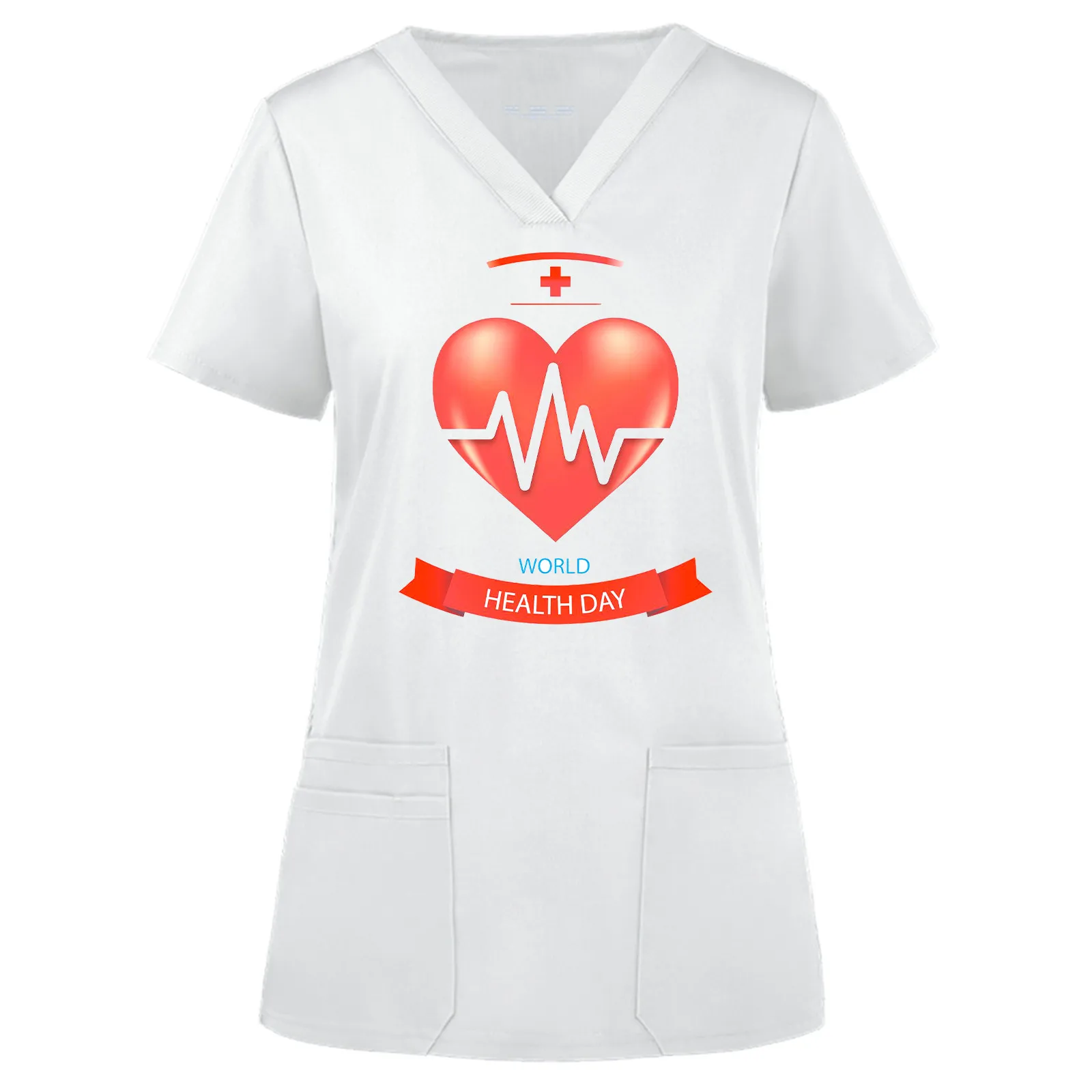 

Heart Print Nurse Uniform Women Short Sleeve V-neck Scrub Tops Working Uniform Pocket Blouse Overalls Nurse uniforme clinico A50