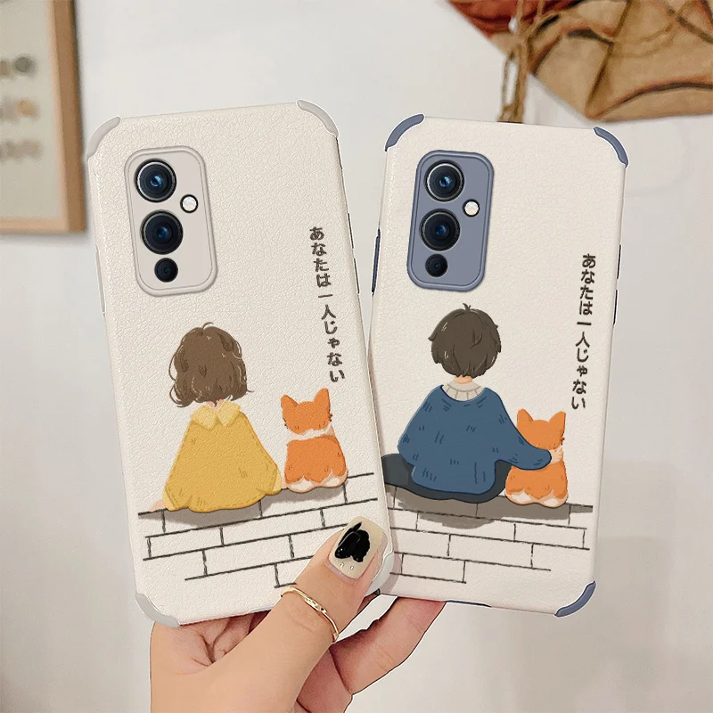 

Corgi Couple Phone Case For Oneplus 9 9pro 8t 8 8pro Four Corners Stick Leather Cover