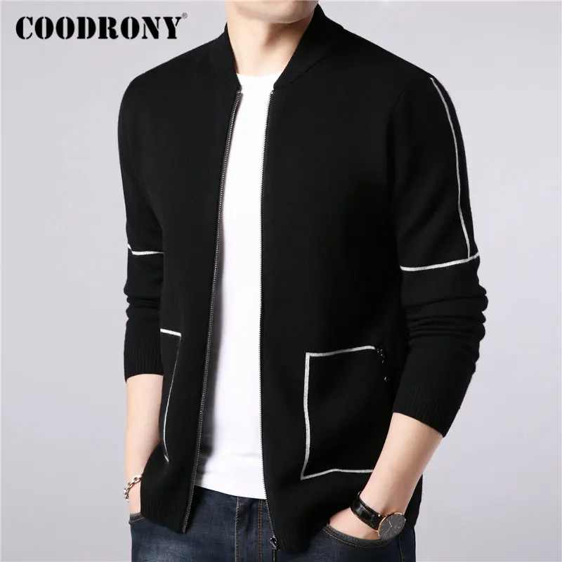 Мужской теплый шерстяной кардиган в полоску на молнии с карманами | Мужская