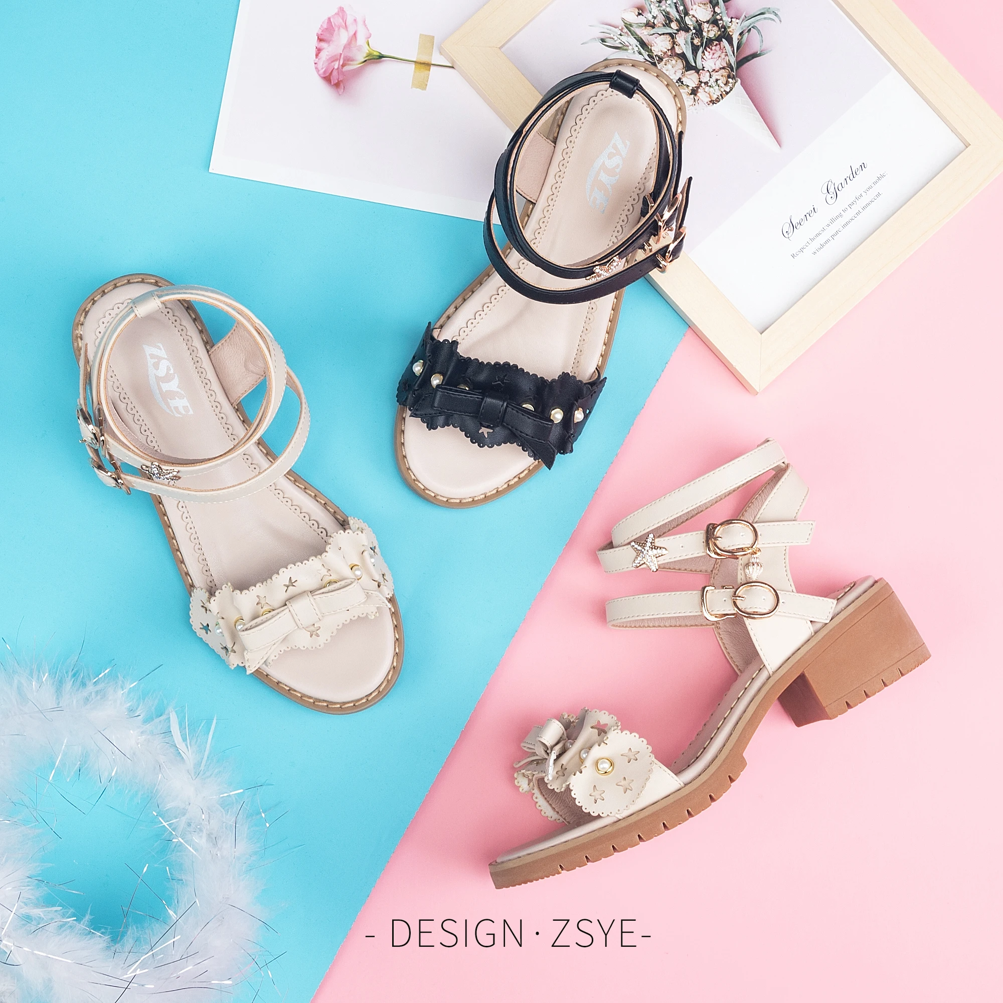 

ZSYE summer starfish lolita conch pendant hasp open toe soft sister lolita apricot black thick heel jsk006 sweet lolita shoes