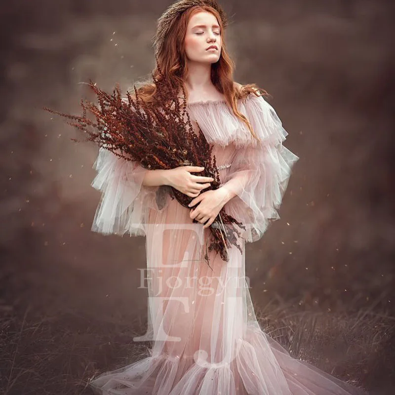 

Unique and Adorable Blush Pink Tulle Dresses Tiered Puffy Long Sleeve Maternity Gown for Photo Shoot vestido gestante fotografia