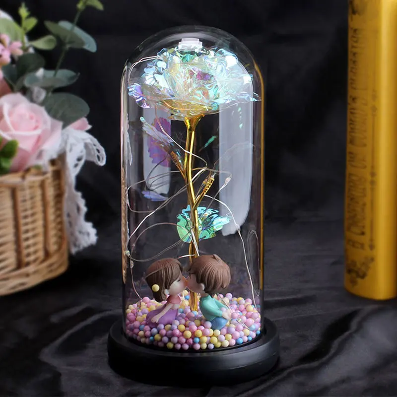 

Hot Selling Creative Birthday Gift Glowing Color Gold Rose Glass Cover Gold Foil Flower Ornament