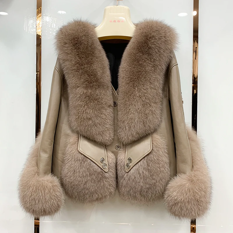 

Winter New Real Fox Fur Jacket for Women Fashion Short Genuine Sheep Leather Natural Fox Fur Coat Whole Skin Fur Overcoats 2021