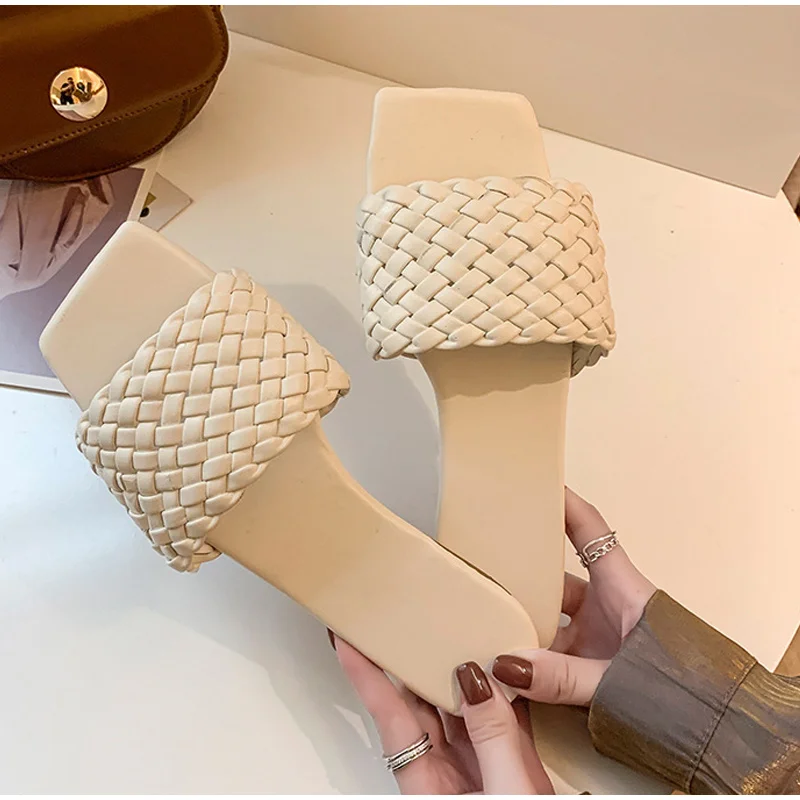 

Women Summer Slippers Ladies Square Toe Sandal Slipper Casual Flip Flops Beach Weave Flat Shoes Female Slip On Shoe New Fashion