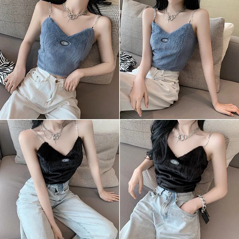 

2021 Women Fall Summer Handsome Spaghetti Strap Small Camis Female Ins Vintage Sexy V-neck Plush Vest Female Sleevess Blue Tops