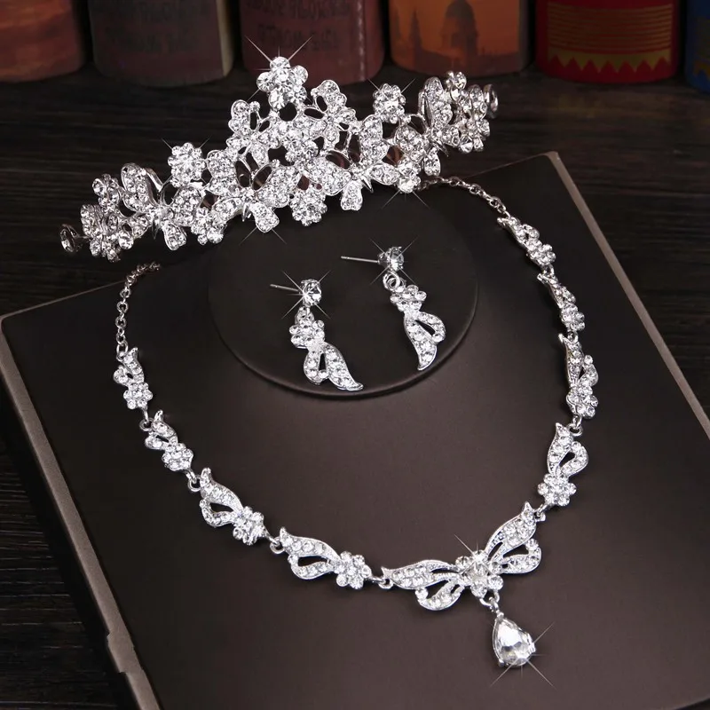 

3PCS Rhinestone Crystal Butterfly Bridal Jewelry Sets Necklace Earring Tiara Set Wedding Hair Ornaments African Bead Jewelry Set