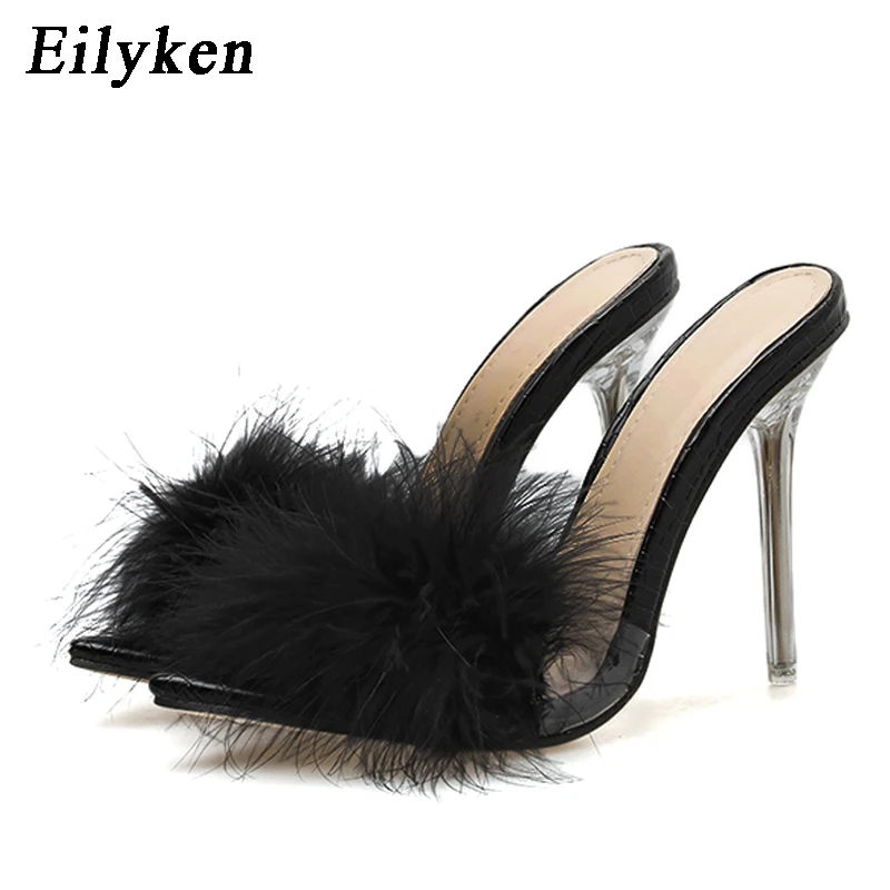 Eilyken 2022 New Transparent Crystal High heels Woman Feather Fur Slippers Pumps Women Peep toe Mules Lady Slides White | Обувь - Фото №1