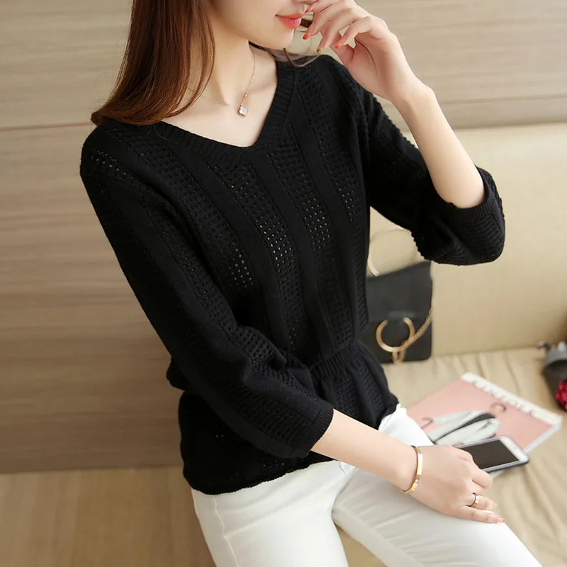 2019 autumn new hollow V-neck sweater women's Korean casual fashion nine-point sleeve thin loose waist bottoming shirt | Женская