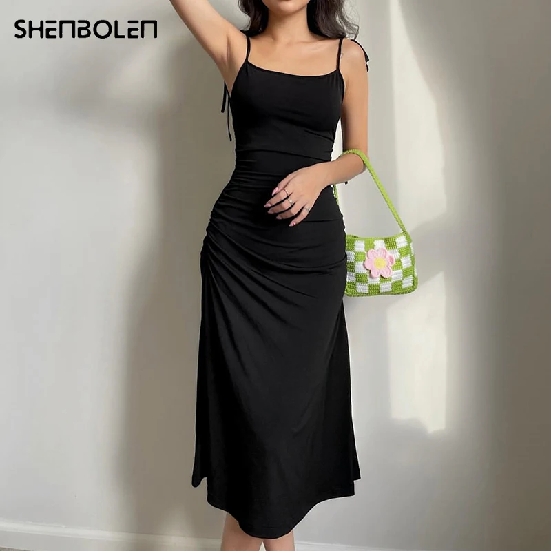 

Tie Up Midi Dress Backless Sexy Goth Black Spaghetti Strap Dress Women Slim Bodycon Basic Casual Sundress Streetwear