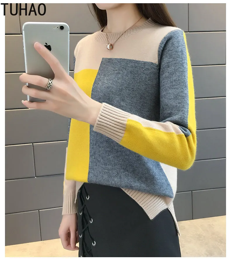 TUHAO sweet Casual Lady women sweater Geometric Pattern Loose Knit Women Bottom Shirt Color Collision Femme sweaters HC160 | Женская
