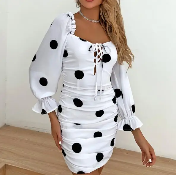 

Cultiseed Women Sexy Square Collar Lacing up Bandage Chest Slim Hip Club Party Dress Female Black Dot Print Pleated Mini Dresses