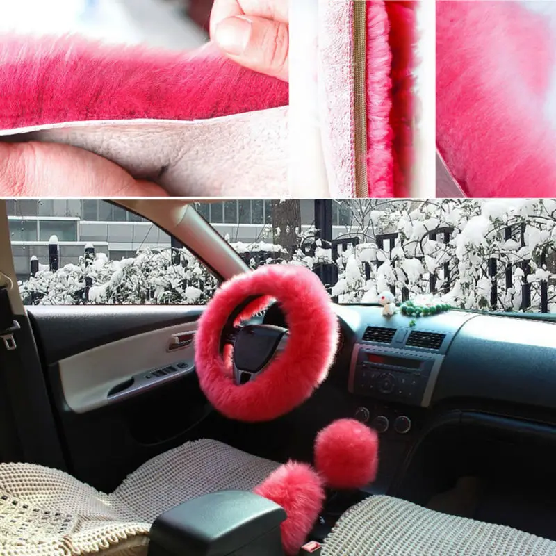 

5Pcs Set Car Front Seat Cover & Fur Car Seat Steering Wheel Cover Pink Wool Winter Essential Universal Furry Fluffy Thick Faux
