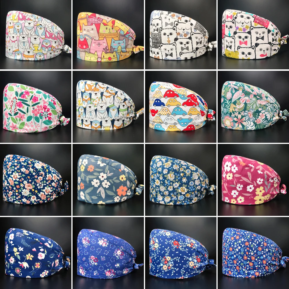 

Шапка из чистого хлопка для операционной, шапка для медсестры, дышащая с принтом, для салона красоты