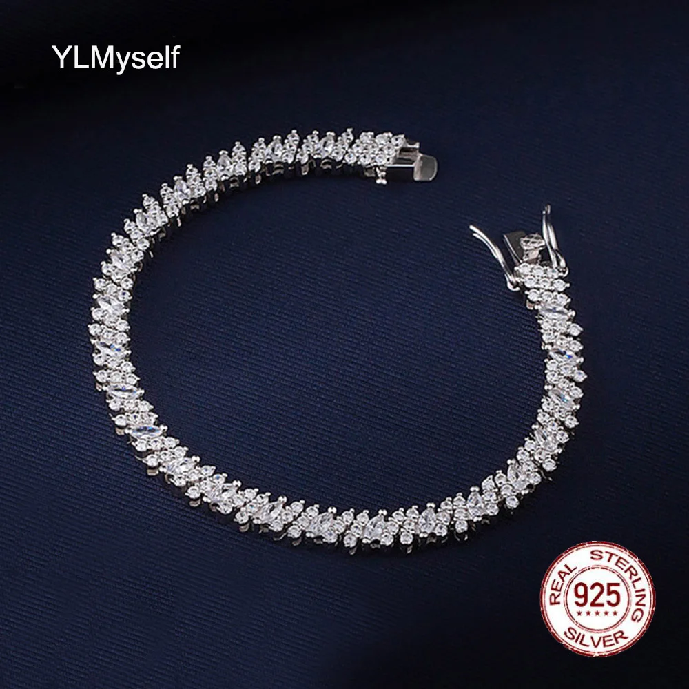 

15-18cm Real 925 Silver Chain Bracelet With Full 2*4mm Horse eye/Round Zircon Pretty Luxury Fine Jewelry