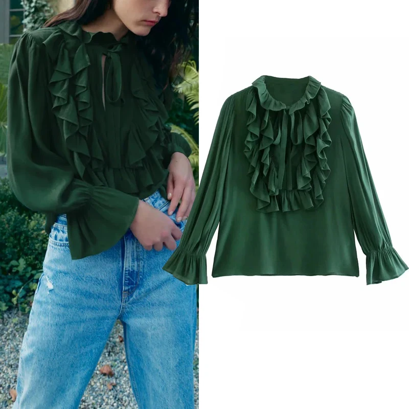 

Za Ruffle Blouse Women Long Sleeve Green Top Woman 2021 Fashion Bow Tied Ruched Elegant Blouses Autumn Vintage Top