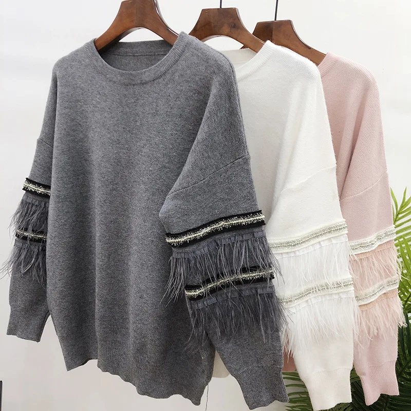 WHITNEY WANG Sweaters Autumn Winter Fashion Streetwear Feathers Patchwork Sweater Women Jumper sueter mujer invierno