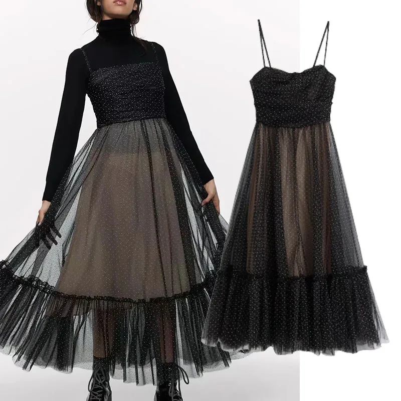 

Women Ruffle Hem Wave point Pattern Slimming Lace Mesh Hollow Out Sexy O-Neck Printed sleeveless Sling Dress Elegant Daily Wear