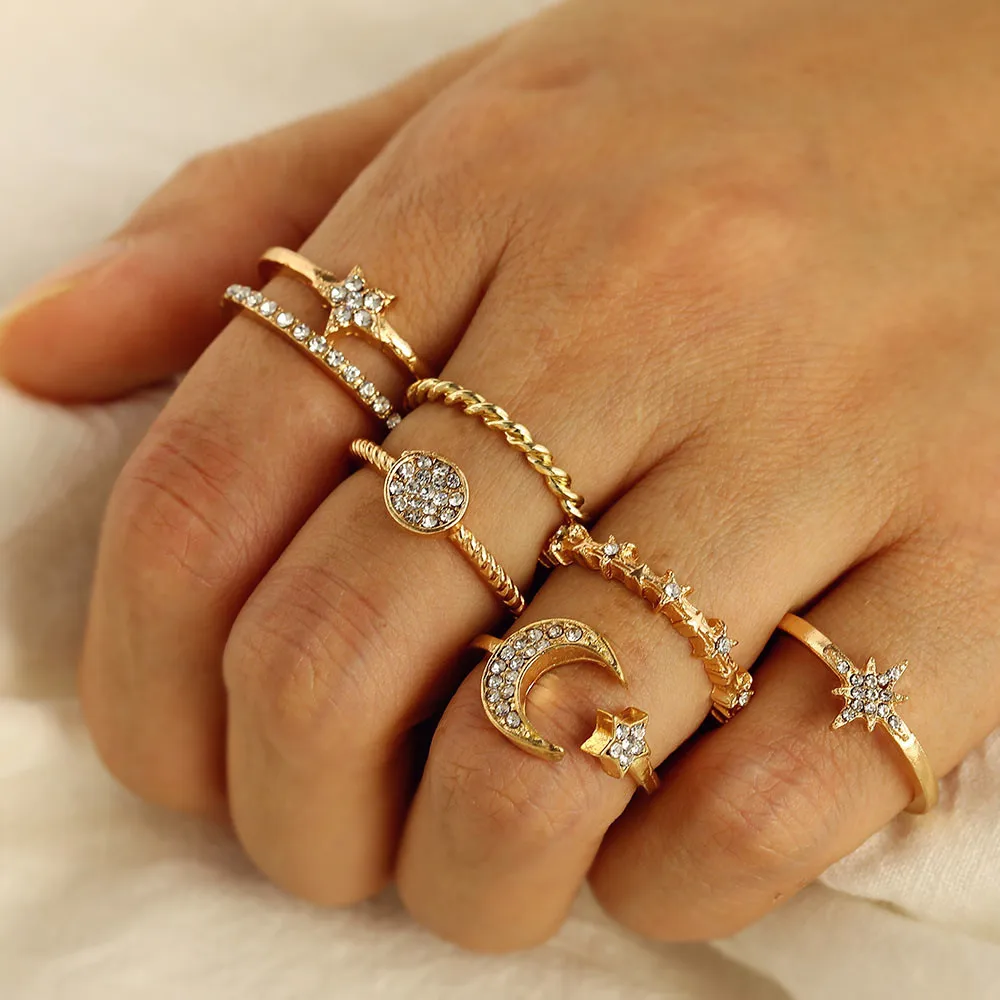 

7Pcs/Set Retro Crystal Joint Ring Set Female Bohemian Gold Star Crescent Alloy Knuckle Ring Jewelry Wholesale Gift
