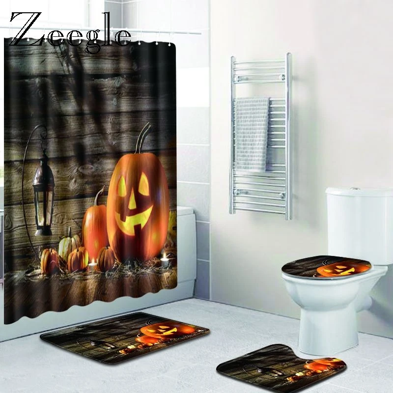 Zeegle Halloween Bath Mat Set with Shower Curtain Absorbent Toilet Pedestal Rug Foot Anti Slip Bathroom Doormat | Дом и сад